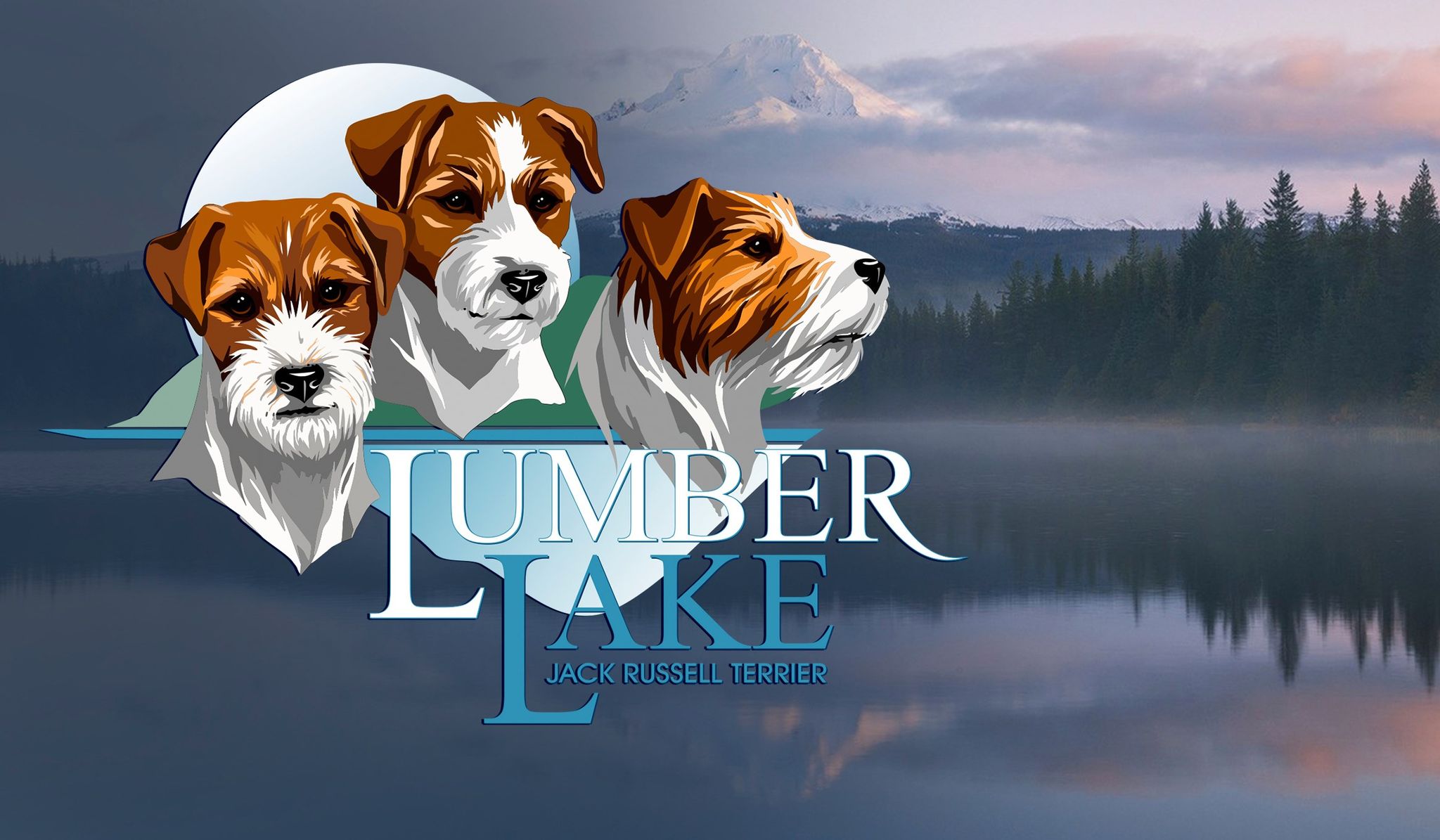 Lumberlake logo met drie Jack Russell Terriërs en tekst 'Lumberlake Jack Russell Terrier' op witte achtergrond